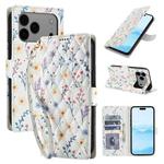 For iPhone 17 Pro Flower Pattern Buckle Leather Phone Case with Lanyard(Blue Flowers)