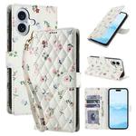 For iPhone 16 Flower Pattern Buckle Leather Phone Case with Lanyard(Pink Flowers)