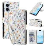 For iPhone 16 Flower Pattern Buckle Leather Phone Case with Lanyard(Blue Flowers)