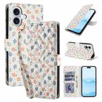 For iPhone 16 Flower Pattern Buckle Leather Phone Case with Lanyard(Florals)