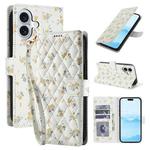 For iPhone 16 Flower Pattern Buckle Leather Phone Case with Lanyard(Yellow Flowers)