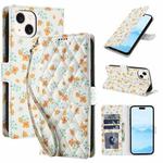 For iPhone 15 Flower Pattern Buckle Leather Phone Case with Lanyard(Orange Flowers)