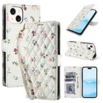 For iPhone 15 Plus / 14 Plus Flower Pattern Buckle Leather Phone Case with Lanyard(Pink Flowers)