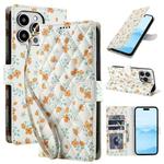 For iPhone 15 Pro Flower Pattern Buckle Leather Phone Case with Lanyard(Orange Flowers)