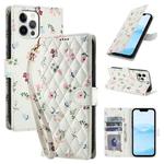 For iPhone 12 / 12 Pro Flower Pattern Buckle Leather Phone Case with Lanyard(Pink Flowers)