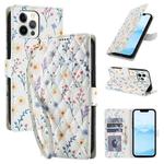 For iPhone 12 / 12 Pro Flower Pattern Buckle Leather Phone Case with Lanyard(Blue Flowers)