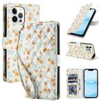 For iPhone 12 / 12 Pro Flower Pattern Buckle Leather Phone Case with Lanyard(Orange Flowers)
