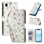 For iPhone 16e Flower Pattern Buckle Leather Phone Case with Lanyard(Pink Flowers)