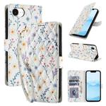 For iPhone 16e Flower Pattern Buckle Leather Phone Case with Lanyard(Blue Flowers)