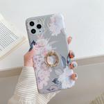 For iPhone 11 Pro Laser Flowers Pattern TPU Protective Case with Ring Holder(Grey Background Watercolor Pink Flowers)