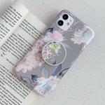 For iPhone 11 Laser Flowers Pattern TPU Protective Case with Foldable Holder(Grey Background Watercolor Pink Flowers)