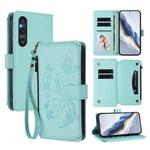 For Sony Xperia 1 V 2023 Butterfly Love Flower Multi-card Zipper Wallet Leather Phone Case(Mint Green)