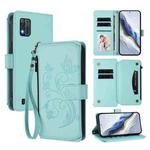 For ZTE Blade A52 Lite Butterfly Love Flower Multi-card Zipper Wallet Leather Phone Case(Mint Green)