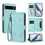 For Google Pixel 6a Butterfly Love Flower Multi-card Zipper Wallet Leather Phone Case(Mint Green)