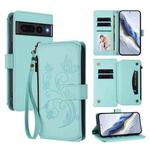For Google Pixel 7 Pro 5G Butterfly Love Flower Multi-card Zipper Wallet Leather Phone Case(Mint Green)