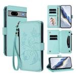 For Google Pixel 7a Butterfly Love Flower Multi-card Zipper Wallet Leather Phone Case(Mint Green)