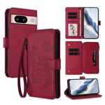 For Google Pixel 8 Butterfly Love Flower Multi-card Zipper Wallet Leather Phone Case(Wine Red)