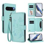 For Google Pixel 10 / 10 Pro / 9 Pro Butterfly Love Flower Multi-card Zipper Wallet Leather Phone Case(Mint Green)