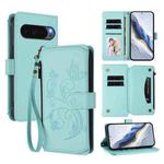 For Google Pixel 10 Pro XL / 9 Pro XL Butterfly Love Flower Multi-card Zipper Wallet Leather Phone Case(Mint Green)