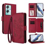 For OnePlus Nord N30 SE 5G Butterfly Love Flower Multi-card Zipper Wallet Leather Phone Case(Wine Red)