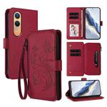 For OnePlus Nord CE4 Lite 5G Butterfly Love Flower Multi-card Zipper Wallet Leather Phone Case(Wine Red)
