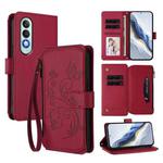 For OnePlus Nord CE4 5G Butterfly Love Flower Multi-card Zipper Wallet Leather Phone Case(Wine Red)
