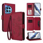 For OnePlus 12 5G Butterfly Love Flower Multi-card Zipper Wallet Leather Phone Case(Wine Red)