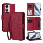 For OnePlus Nord 2T Butterfly Love Flower Multi-card Zipper Wallet Leather Phone Case(Wine Red)