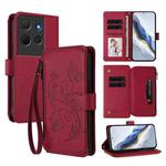 For TCL 503 Butterfly Love Flower Multi-card Zipper Wallet Leather Phone Case(Wine Red)