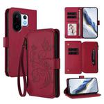 For vivo S30 Pro mini Butterfly Love Flower Multi-card Zipper Wallet Leather Phone Case(Wine Red)