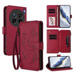 For vivo X200s Butterfly Love Flower Multi-card Zipper Wallet Leather Phone Case(Wine Red)