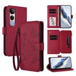 For vivo V50 Lite 5G Global /V50 Lite 4G Butterfly Love Flower Multi-card Zipper Wallet Leather Phone Case(Wine Red)