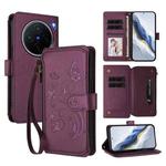 For vivo X200 5G Butterfly Love Flower Multi-card Zipper Wallet Leather Phone Case(Dark Purple)