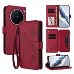 For vivo X200 5G Butterfly Love Flower Multi-card Zipper Wallet Leather Phone Case(Wine Red)