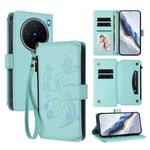 For vivo X200 5G Butterfly Love Flower Multi-card Zipper Wallet Leather Phone Case(Mint Green)
