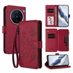 For vivo X200 Pro mini Butterfly Love Flower Multi-card Zipper Wallet Leather Phone Case(Wine Red)