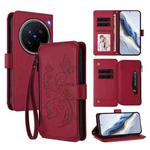 For vivo X200 Pro 5G Butterfly Love Flower Multi-card Zipper Wallet Leather Phone Case(Wine Red)