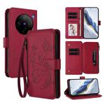 For vivo X100s 5G Butterfly Love Flower Multi-card Zipper Wallet Leather Phone Case(Wine Red)