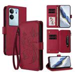 For vivo V29e / Y200 / V30 Lite 5G Butterfly Love Flower Multi-card Zipper Wallet Leather Phone Case(Wine Red)