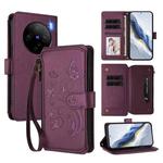 For vivo X100 5G Butterfly Love Flower Multi-card Zipper Wallet Leather Phone Case(Dark Purple)