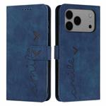 For iPhone 17 Pro Max Skin Feel Heart Embossed Leather Phone Case with Long Lanyard(Blue)
