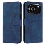 For iPhone 17 Pro Skin Feel Heart Embossed Leather Phone Case with Long Lanyard(Blue)