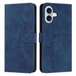 For iPhone 17 Skin Feel Heart Embossed Leather Phone Case with Long Lanyard(Blue)