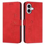 For iPhone 17 Skin Feel Heart Embossed Leather Phone Case with Long Lanyard(Red)