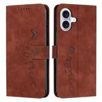 For iPhone 17 Skin Feel Heart Embossed Leather Phone Case with Long Lanyard(Brown)