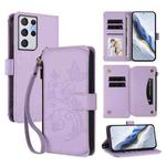 For Samsung Galaxy S21 Ultra 5G Butterfly Love Flower Multi-card Zipper Wallet Leather Phone Case(Light Purple)