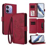 For OPPO A3x / A3 / A60 5G Global Butterfly Love Flower Multi-card Zipper Wallet Leather Phone Case(Wine Red)