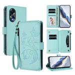 For OPPO A58 4G Global Butterfly Love Flower Multi-card Zipper Wallet Leather Phone Case(Mint Green)