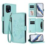 For OPPO Find X5 Butterfly Love Flower Multi-card Zipper Wallet Leather Phone Case(Mint Green)