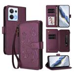 For OPPO Reno8 5G Butterfly Love Flower Multi-card Zipper Wallet Leather Phone Case(Dark Purple)